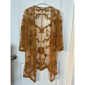 Boho Mustard Sheer Lace Embroidered Kimono Cardigan Maurices Yellow 1X Plus